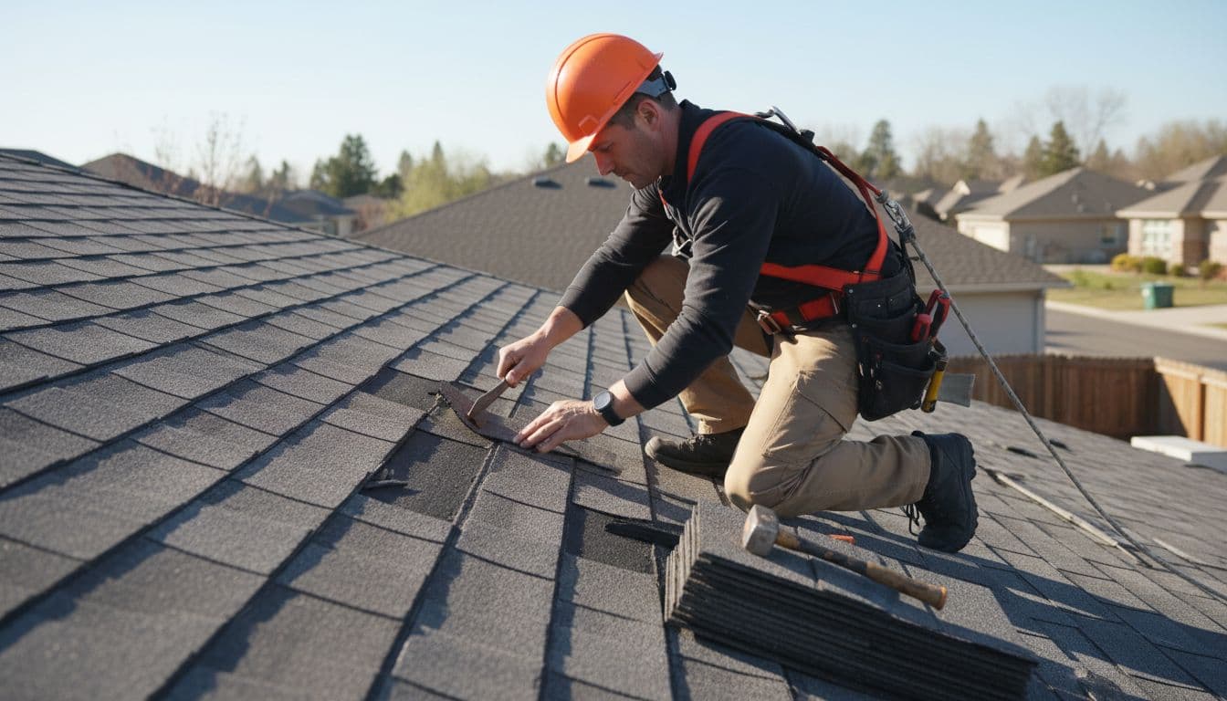 Roofer on sloped shingle roof replaces damaged shingles using pry bar and hammer, safety harness visible.