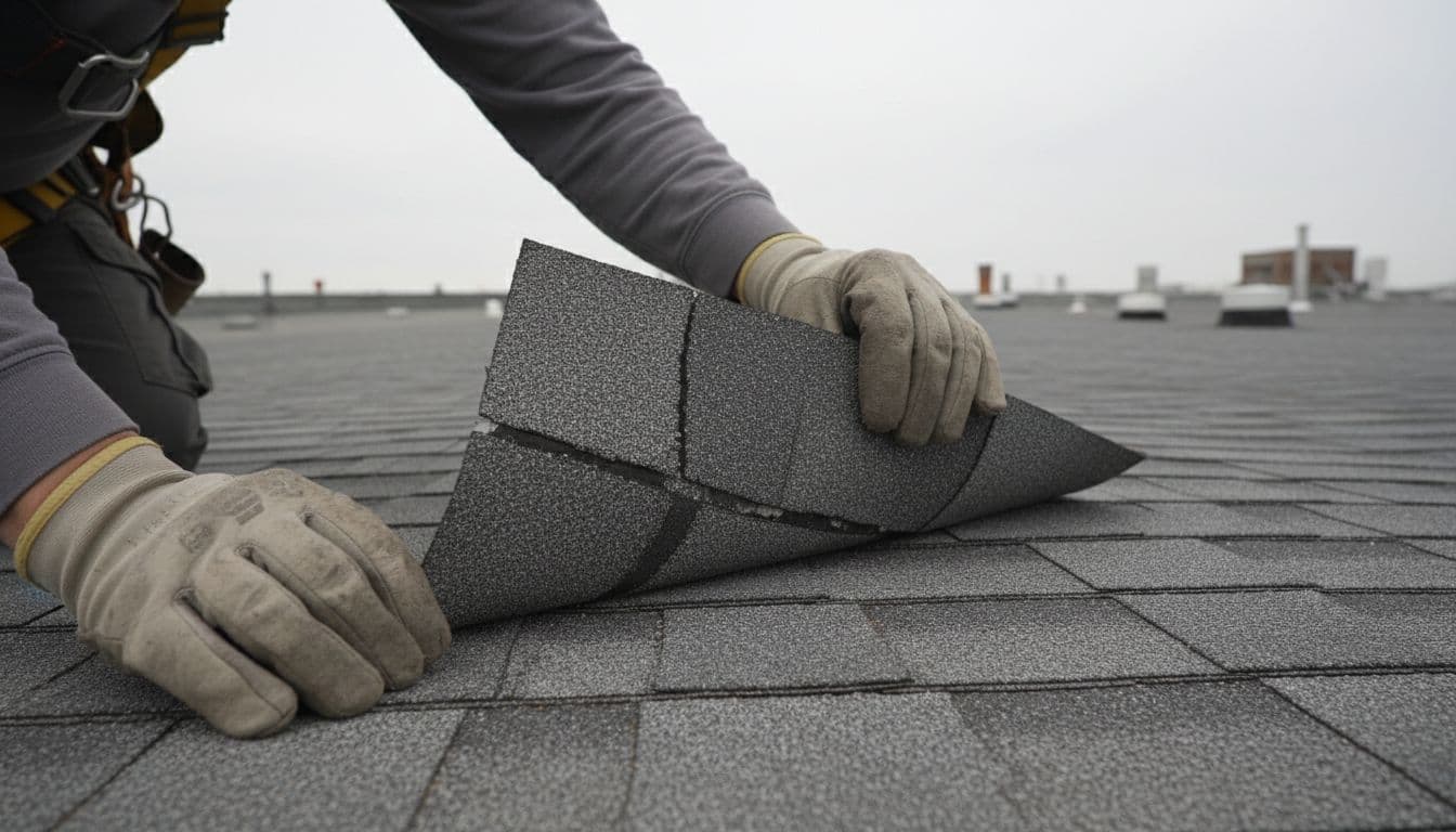 What Is a Brittle Test on an Asphalt Shingle Roof? Gloved hands of roofer lift and bend aged asphalt shingle on commercial roof.