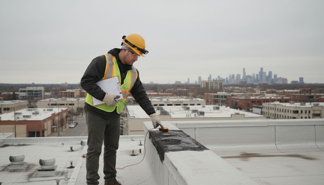 Can Insurance Deny a Roof Claim Over Previous Repairs? Roofing inspector in safety gear points to patched area on commercial flat roof edge with clipboard and moisture meter.