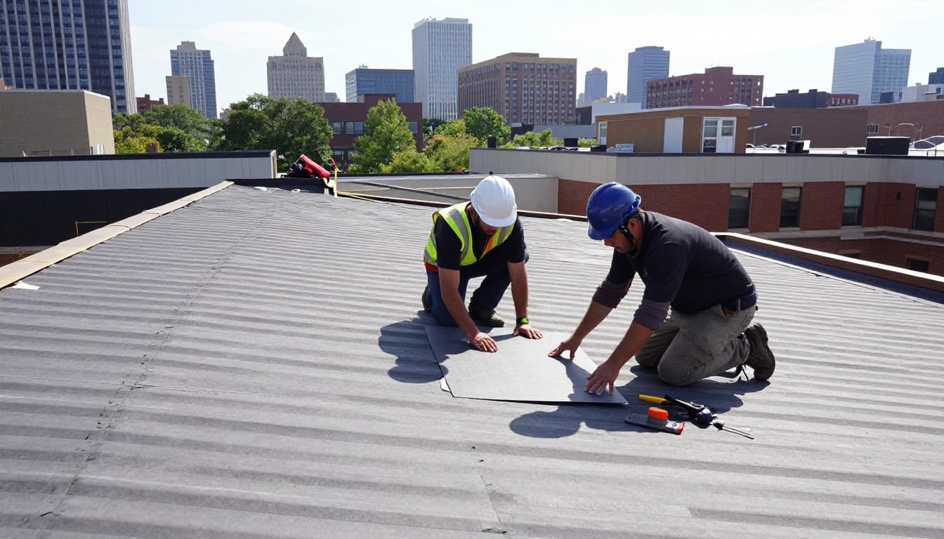 Does Insurance Cover Roof Deck Replacement Required by Code in Minnesota? Two roofers in safety gear place plywood sheets on flat commercial roof with tools nearby and urban skyline background.