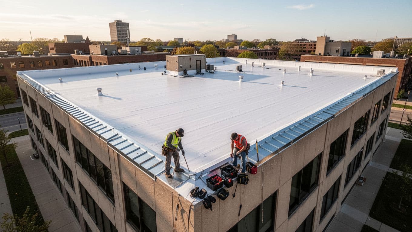 Smooth white TPO membrane on large office building flat roof with metal edge flashing and two workers packing tools below.