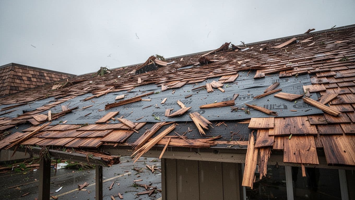 Cedar shake roof on commercial building shows missing shakes exposing underlayment, curled edges, splits, and scattered debris.