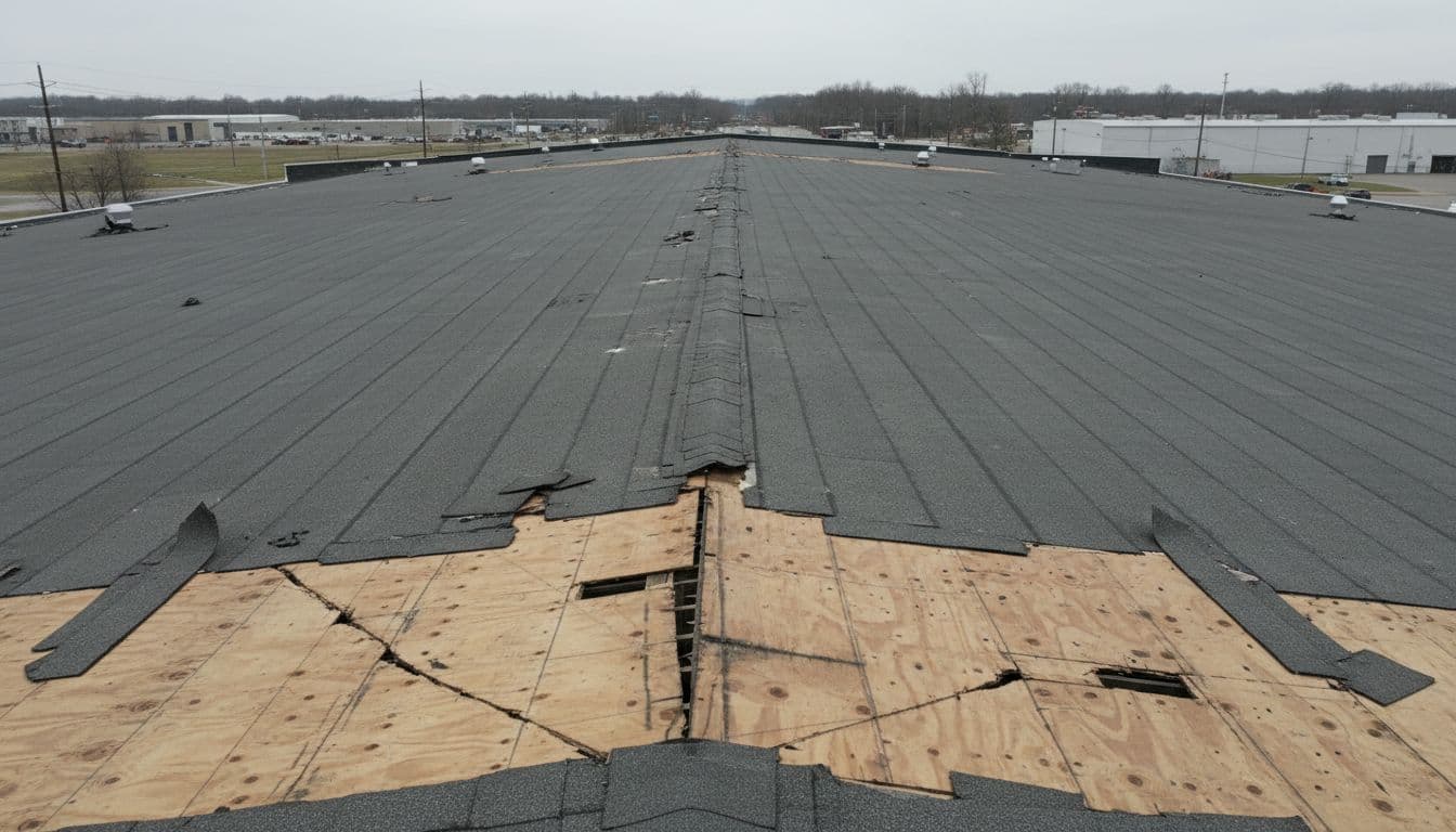 Can High Winds Damage Roof Decking Without Missing Shingles? Aerial view of commercial flat roof with shingles uplifted at edges and cracked plywood decking visible through gaps.