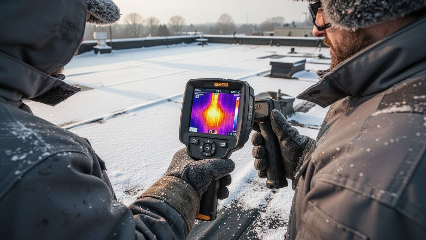 Technician in winter gear holds infrared camera over snow-dusted flat roof membrane.