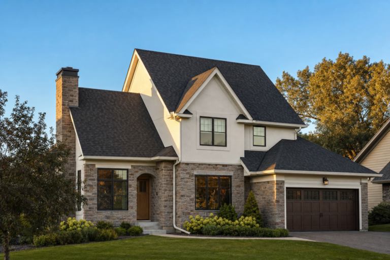 Architectural asphalt shingle roof on a Columbia Heights, MN home in autumn