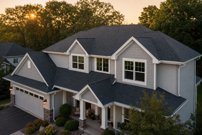 Architectural asphalt shingle roof on a Farmington, MN home in autumn