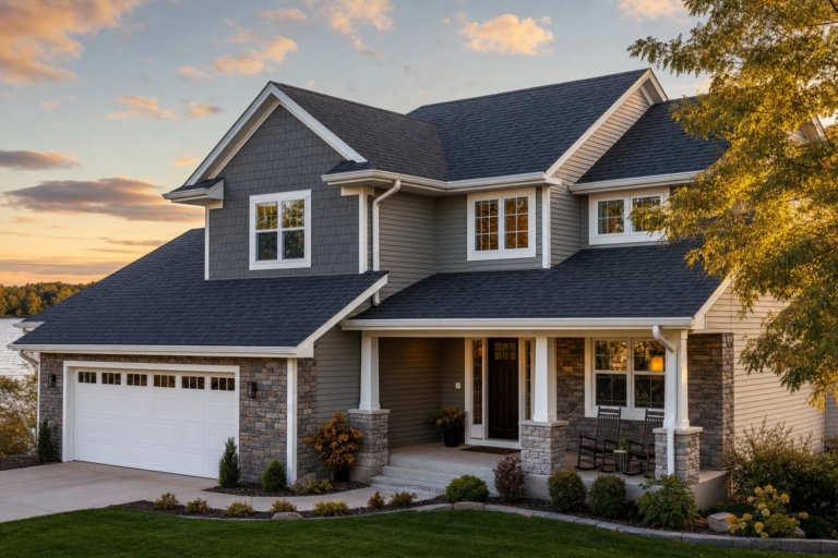 Architectural asphalt shingle roof on a Fridley, MN home in autumn