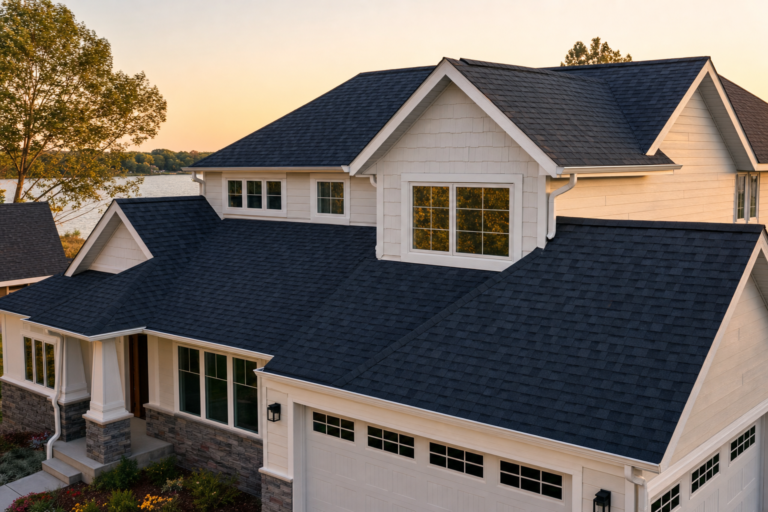 Architectural asphalt shingle roof on a Little Canada, MN home in autumn