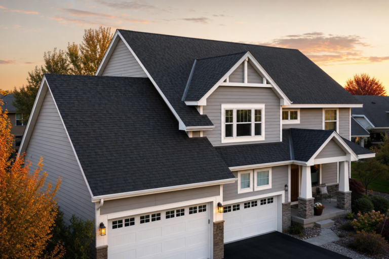 Architectural asphalt shingle roof on a Maple Grove, MN home in autumn