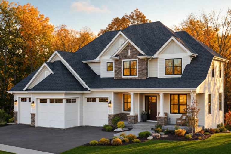 Architectural asphalt shingle roof on a Maplewood MN home in autumn