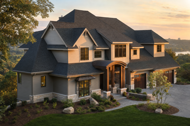 Architectural asphalt shingle roof on a Mendota Heights, MN home in autumn