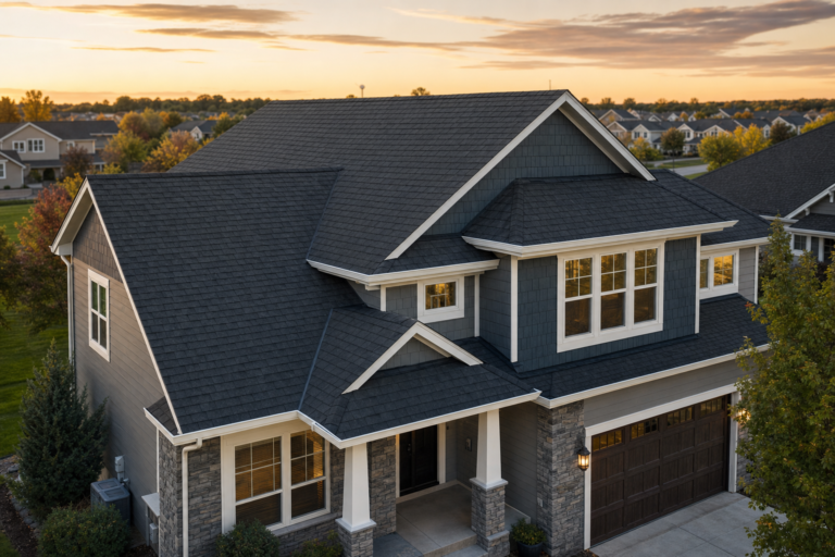 Architectural asphalt shingle roof on a Rosemount, MN home in autumn