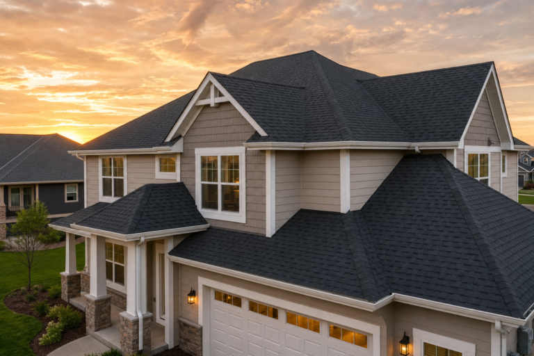 Architectural asphalt shingle roof on a Roseville, MN home in autumn