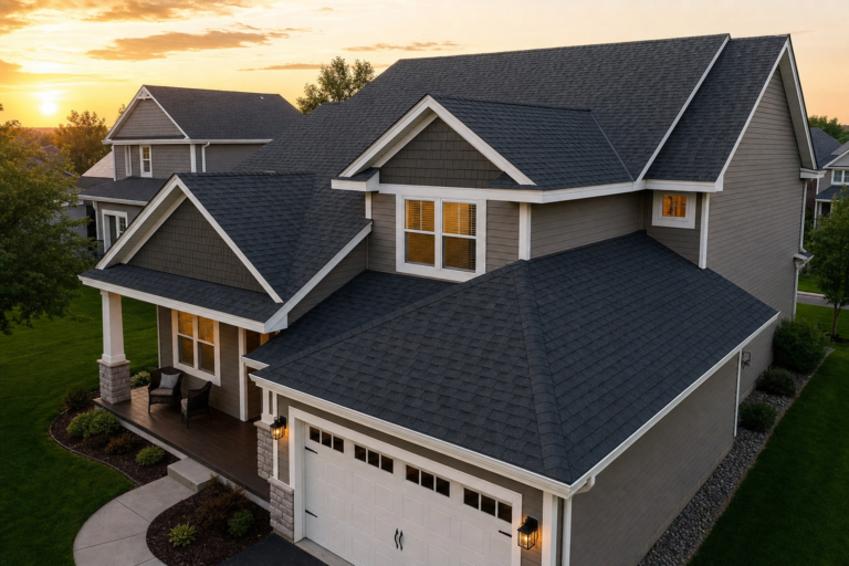 Architectural asphalt shingle roof on a Shakopee, MN home in autumn