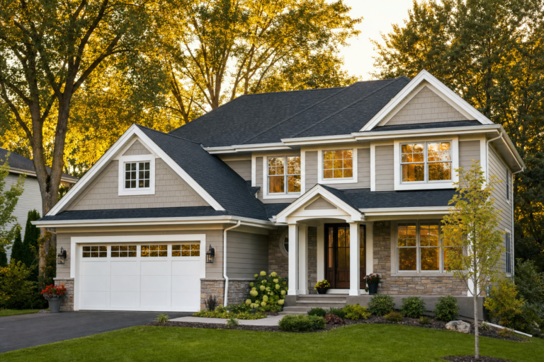 Architectural asphalt shingle roof on a Shoreview, MN home in autumn