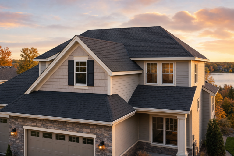 Architectural asphalt shingle roof on a Vadnais Heights, MN home in autumn