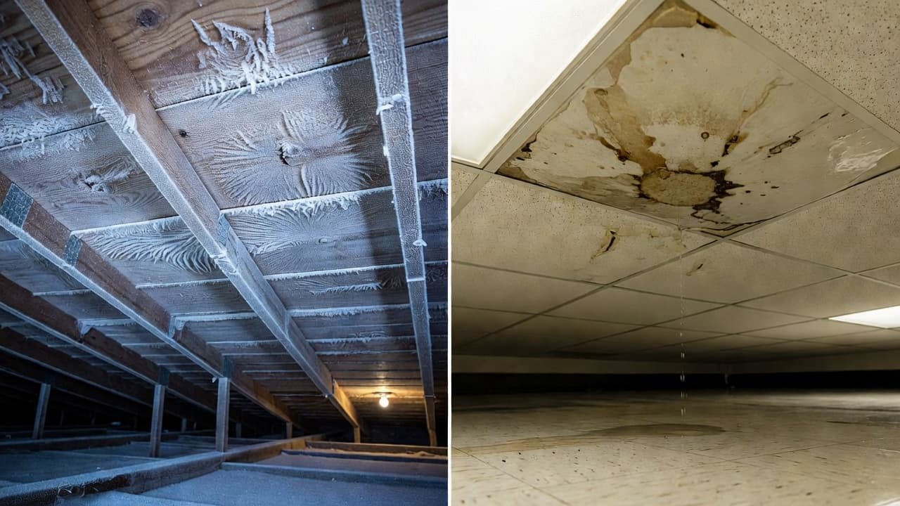 Can Attic Frost Be Mistaken for a Roof Leak in Minnesota? The split-screen view compares white crystalline frost patterns on wooden roof sheathing to a dark, saturated ceiling tile. These contrasting visuals illustrate the difference between condensation buildup and water intrusion damage.