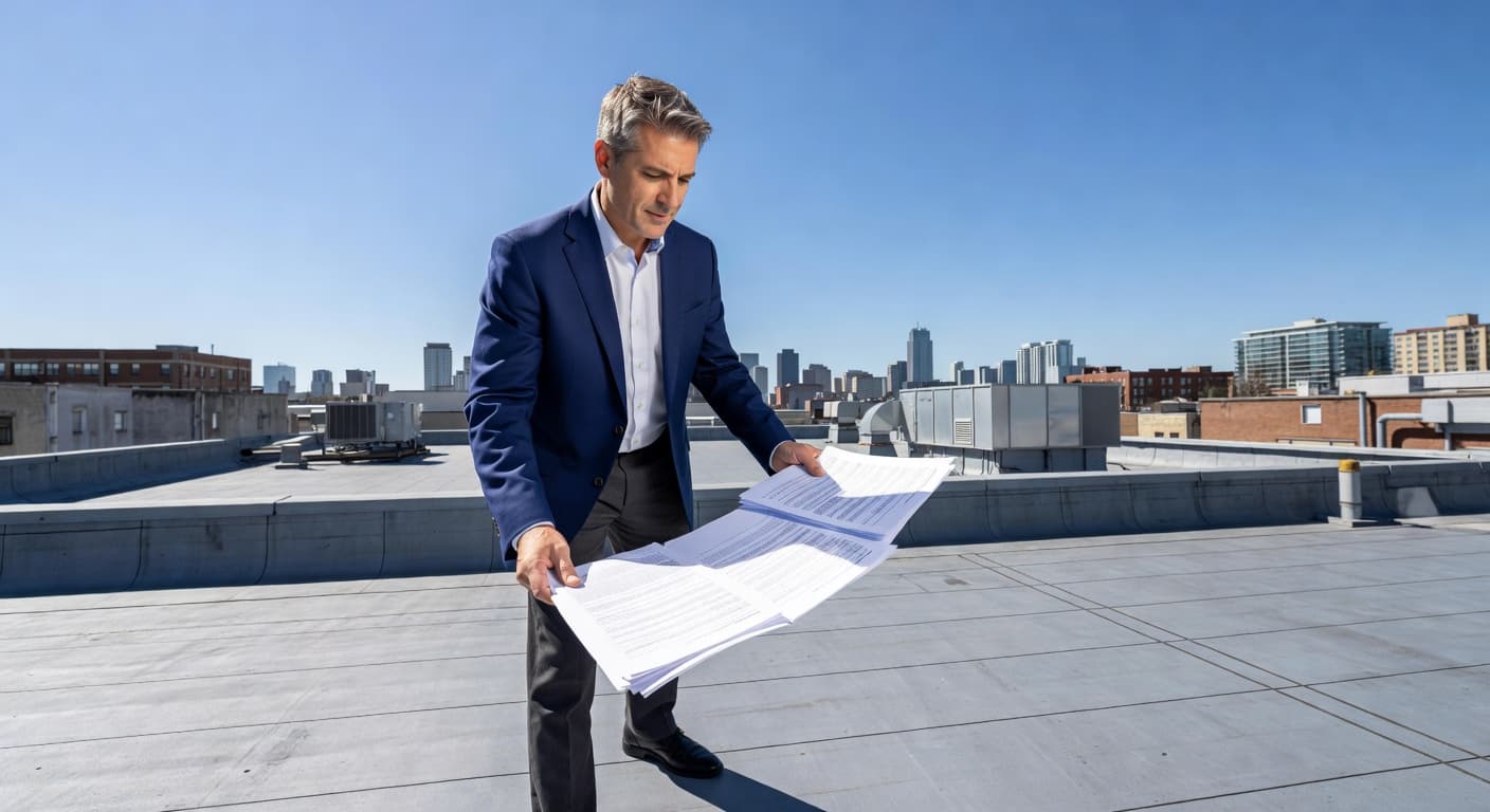 Can You Cash a Roof Claim Check Without Repairs in Minnesota? A man in business attire stands on a gravel rooftop holding a clipboard with insurance paperwork. He looks intently at the document while surveying the expansive roof structure in bright daylight.