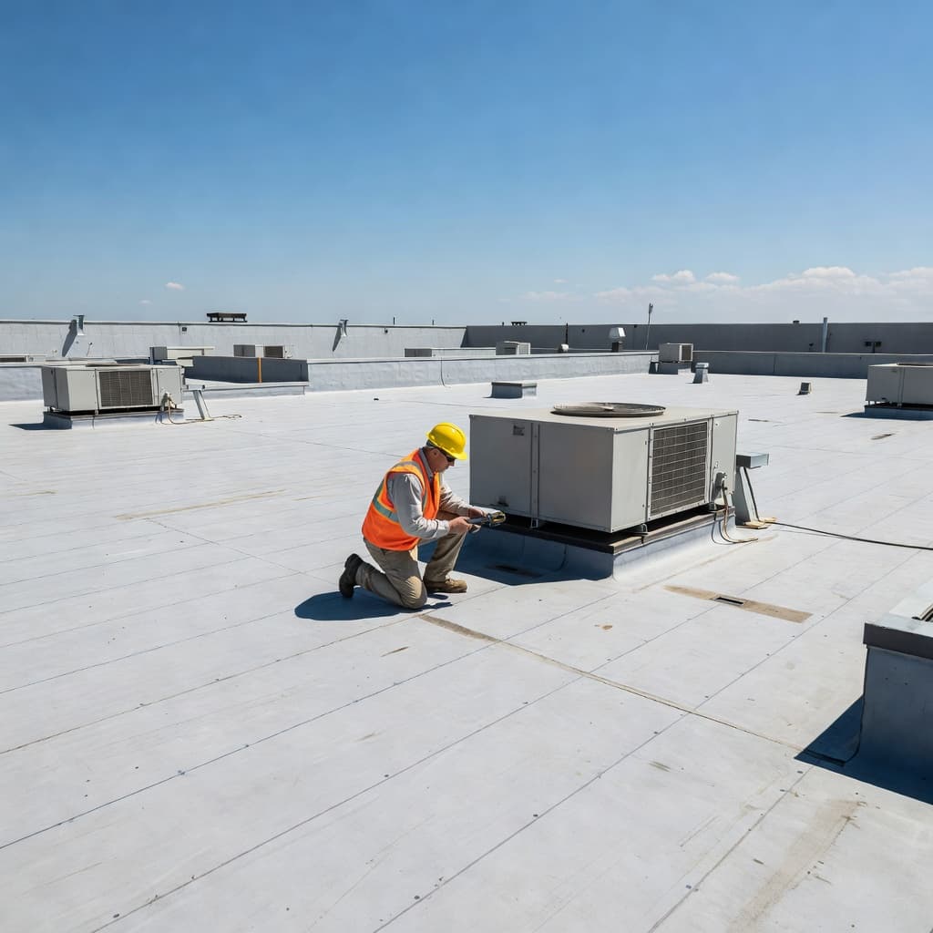 Can Insurance Require Multiple Roof Bids in Minnesota? A lone roofer walks across a vast, flat industrial building roof on a bright day. He carries inspection equipment while examining the roofing membrane seams for potential maintenance needs and repairs.