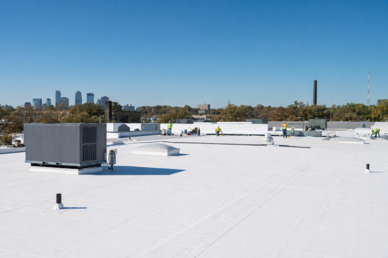 Commercial flat TPO roof on a Columbia Heights, MN business with HVAC units and Twin Cities skyline