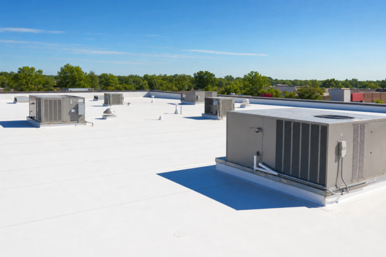 Commercial flat TPO roof on a Coon Rapids, MN business with HVAC units and Twin Cities skyline