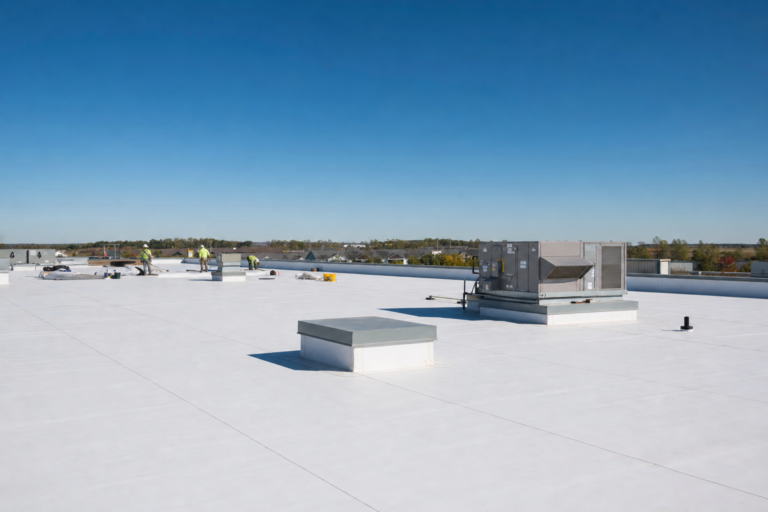 Commercial flat TPO roof on a Elko New Market, MN business with HVAC units and Twin Cities skyline