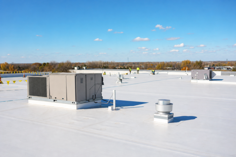 Commercial flat TPO roof on a Farmington, MN business with HVAC units and Twin Cities skyline