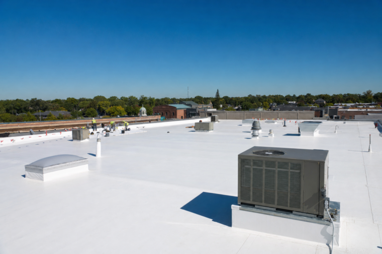 Commercial flat TPO roof on a Hopkins, MN business with HVAC units and Twin Cities skyline