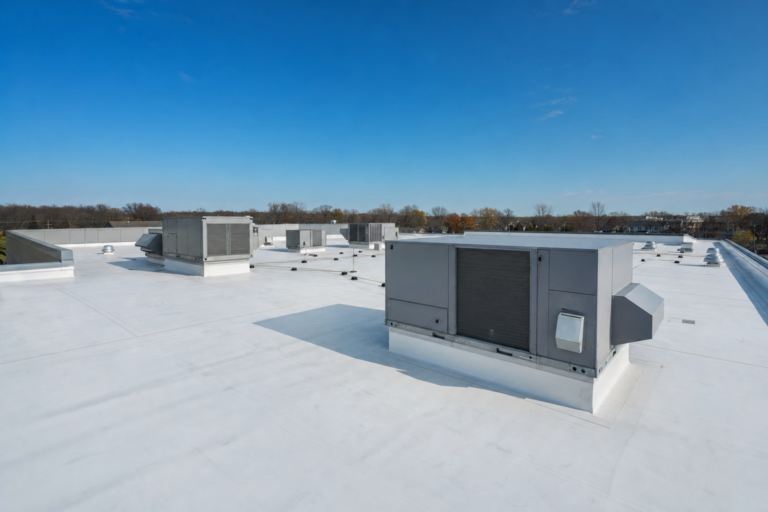 Commercial flat TPO roof on a Inver Grove Heights, MN business with HVAC units and Twin Cities skyline