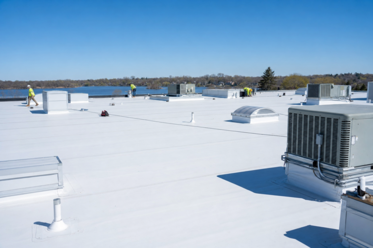 Commercial flat TPO roof on a Little Canada, MN business with HVAC units and Twin Cities skyline