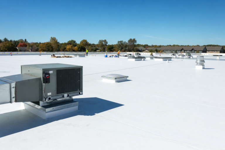 Commercial flat TPO roof on a Maple Grove, MN business with HVAC units and Twin Cities skyline
