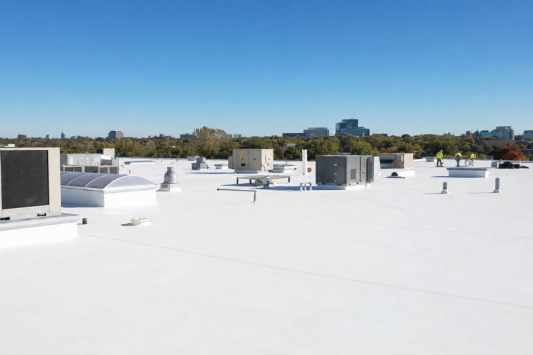 Commercial TPO flat roof in Maplewood, MN with HVAC units and Twin Cities skyline