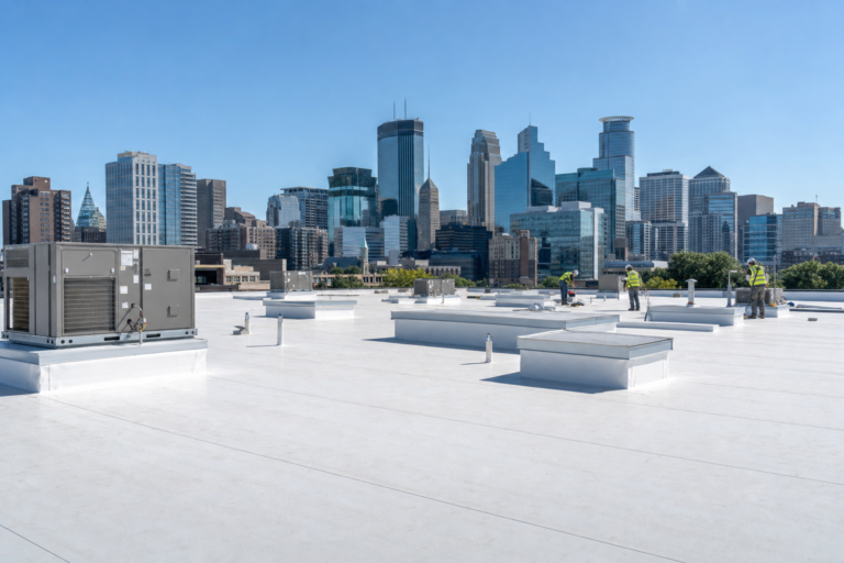 Commercial flat TPO roof on a Minneapolis, MN business with HVAC units and Twin Cities skyline