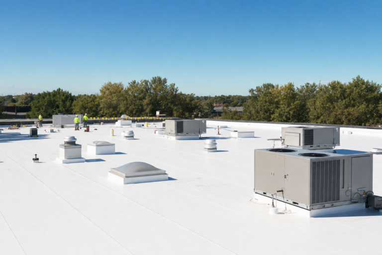 Commercial flat TPO roof on a New Brighton, MN business with HVAC units and Twin Cities skyline