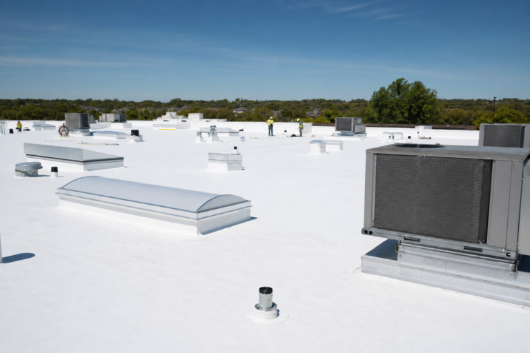 Commercial flat TPO roof on a Rosemount, MN business with HVAC units and Twin Cities skyline