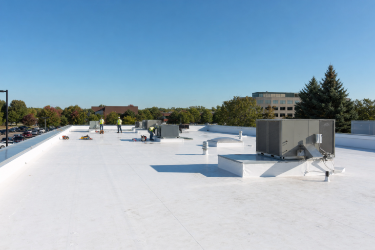 Commercial flat TPO roof on a Roseville, MN business with HVAC units and Twin Cities skyline