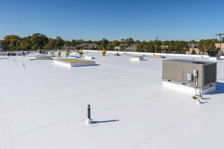 Commercial flat TPO roof on a Savage, MN business with HVAC units and Twin Cities skyline
