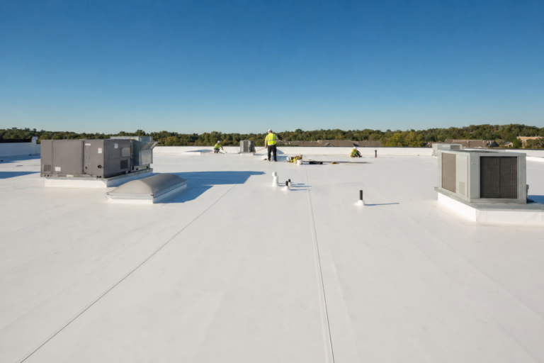 Commercial flat TPO roof on a Shakopee, MN business with HVAC units and Twin Cities skyline