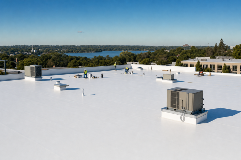 Commercial flat TPO roof on a Shoreview, MN business with HVAC units and Twin Cities skyline