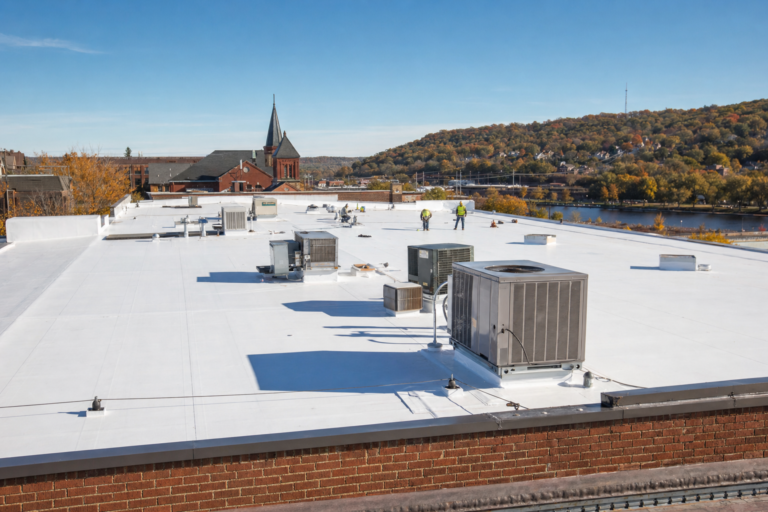 Commercial flat TPO roof on a Stillwater, MN business with HVAC units and Twin Cities skyline