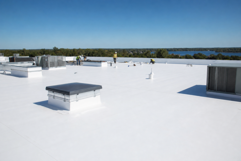 Commercial flat TPO roof on a Vadnais Heights, MN business with HVAC units and Twin Cities skyline
