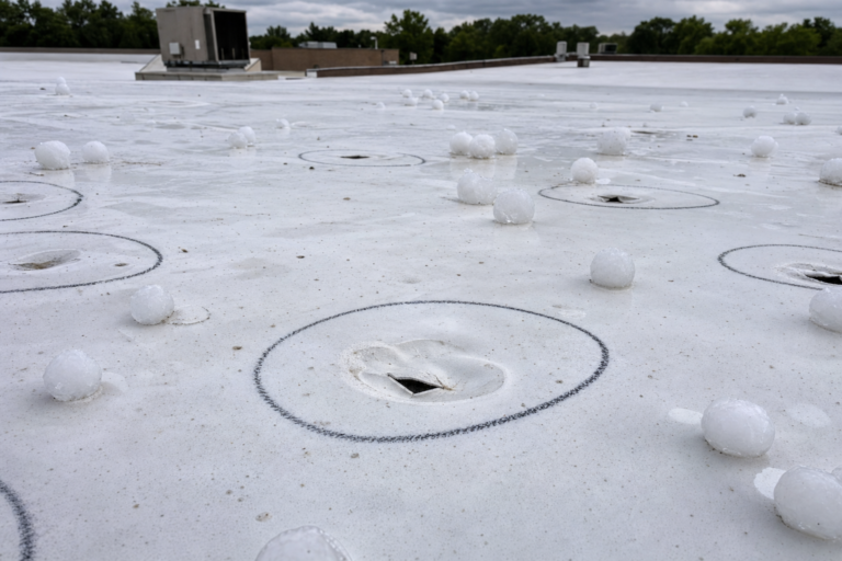 Hail-damaged commercial TPO membrane in Farmington, MN with adjuster chalk circles marking impacts