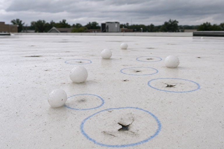 Hail-damaged commercial TPO membrane in Fridley, MN with adjuster chalk circles marking impacts