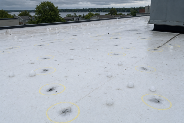 Hail-damaged commercial TPO membrane in Little Canada, MN with adjuster chalk circles marking impacts