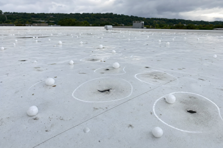 Hail-damaged commercial TPO membrane in Mendota Heights, MN with adjuster chalk circles marking impacts