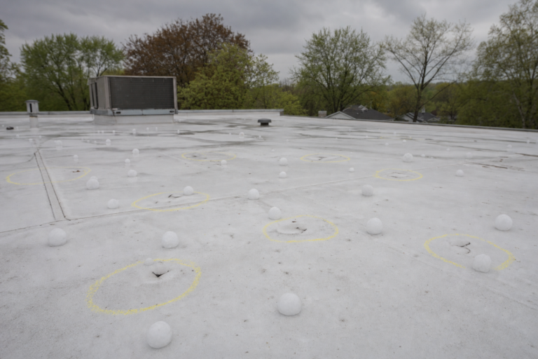 Hail-damaged commercial TPO membrane in New Brighton, MN with adjuster chalk circles marking impacts