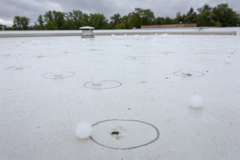 Hail-damaged commercial TPO membrane in Roseville, MN with adjuster chalk circles marking impacts