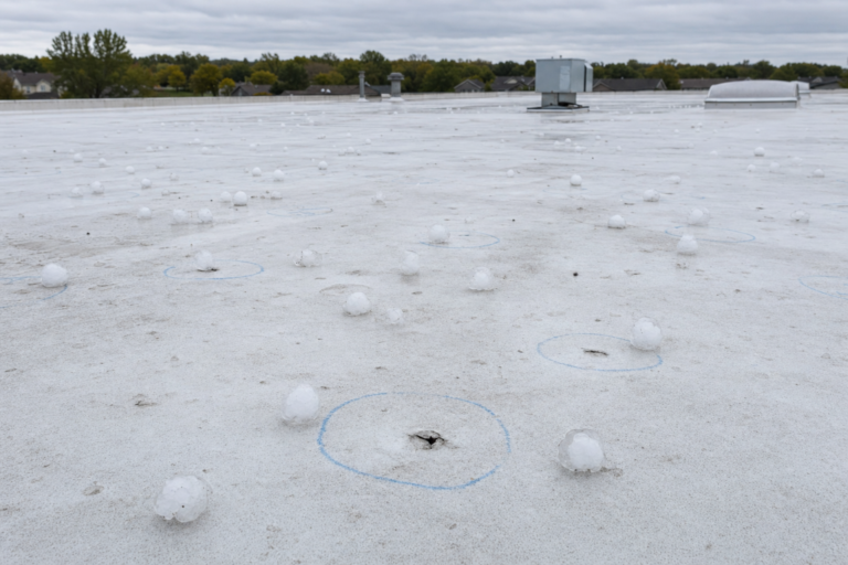 Hail-damaged commercial TPO membrane in Savage, MN with adjuster chalk circles marking impacts