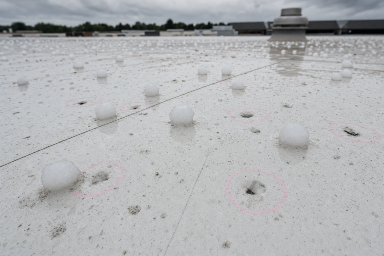 Hail-damaged commercial TPO membrane in Shakopee, MN with adjuster chalk circles marking impacts
