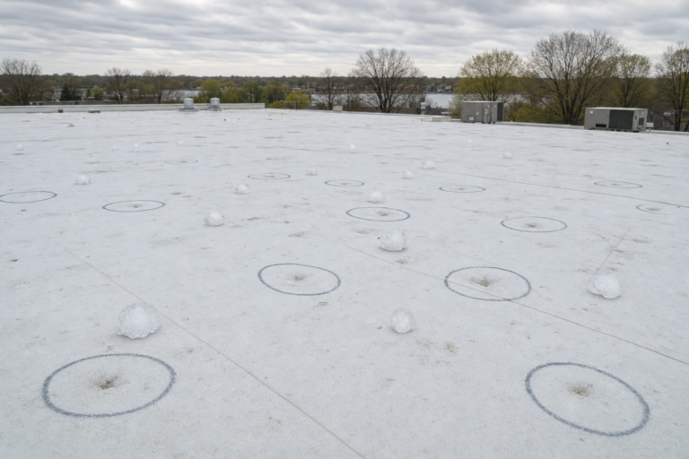 Hail-damaged commercial TPO membrane in Vadnais Heights, MN with adjuster chalk circles marking impacts